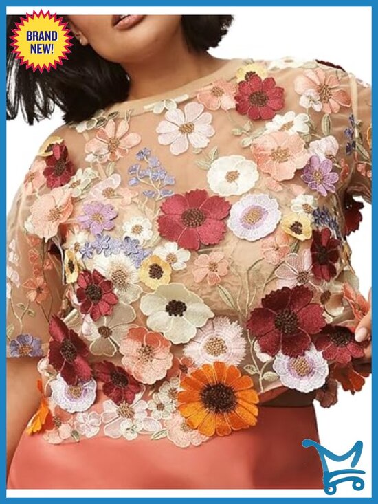 Tops - 3D Floral Embroidered Sheer Lace Short Sleeve Blouse Tee
